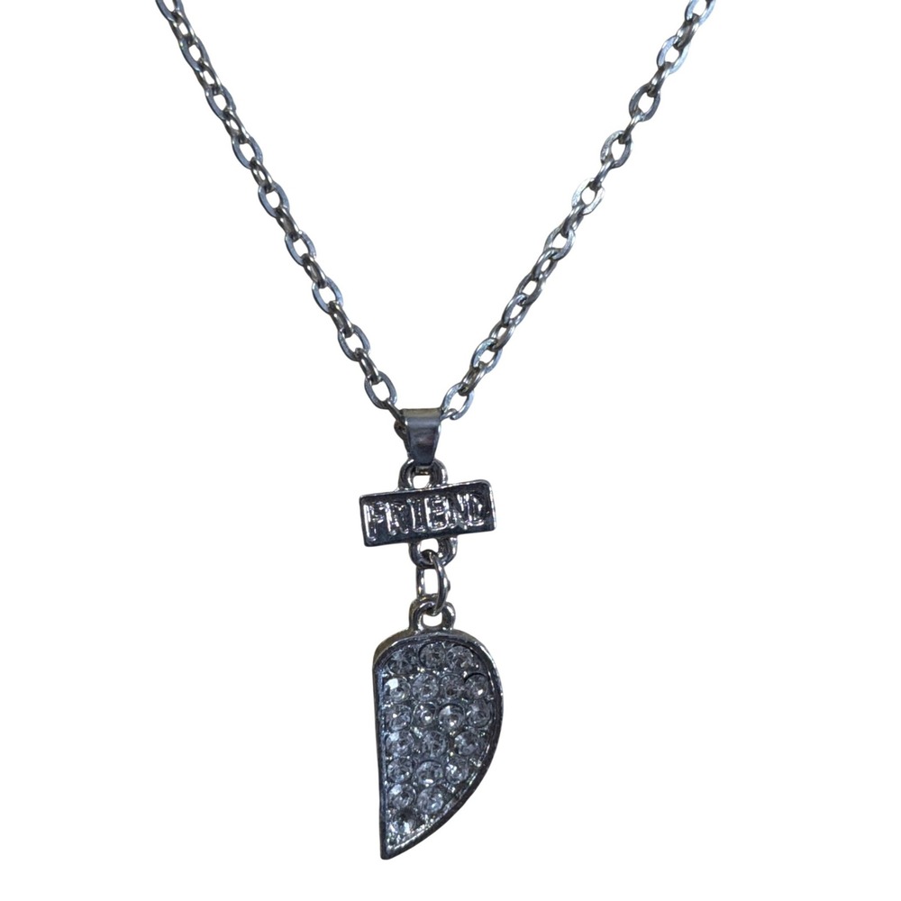 Silver Tone Rhinestone Half Heart FRIEND Pendant‎ Necklace y2k